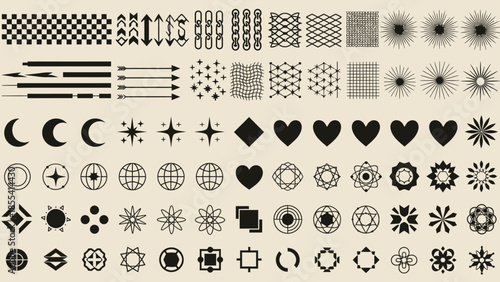 Big vector set of Y2K design elements. Trendy abstract minimalist figures, stars, flowers, circles. Vector illustration