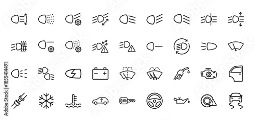 Automotive dashboard line icon set. Vector pictograms of headlights, battery, wiper, fuel, engine, seatbelt, snowflake, thermometer, oil, and steering wheel illustration.
