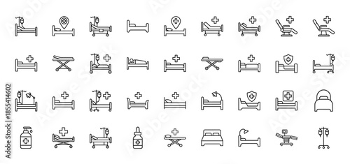 Medical hospital bed line icon set. Vector pictograms of clinic stretchers, surgical tables, intravenous drips, nursery cradles, and patient furniture, thin outline illustration.