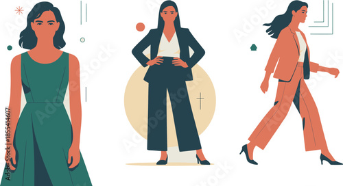 Aollection of three confident businesswomen in professional attire posing and walking with minimalist shapes