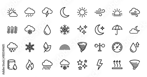 Weather line icon set. Vector pictograms of sun, clouds, rain, lightning, snow, wind, moon, thermometer, rainbow, tornado, and stars, thin outline illustration.