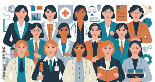 Large diverse crowd of professional women from various occupations stands together unitedly