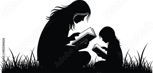 Black silhouette of mother and child sitting in grass reading books together, representing education, storytelling, motherhood, and early childhood literacy.