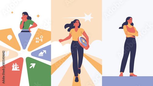 Triptych showing women thinking exploring solutions and demonstrating confidence