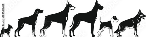Collection of black dog silhouettes featuring various breeds like German Shepherd and Doberman in standing and sitting poses for domestic animals,