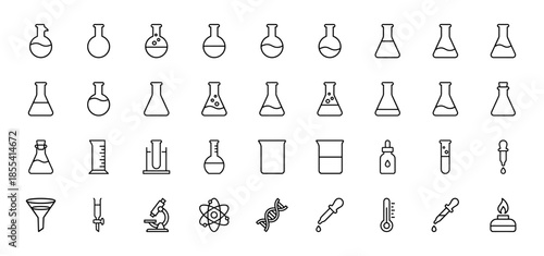 Chemistry laboratory line icon set. Vector pictograms of flask, beaker, test tube, dropper, microscope, dna, atom and funnel, thin outline illustration.