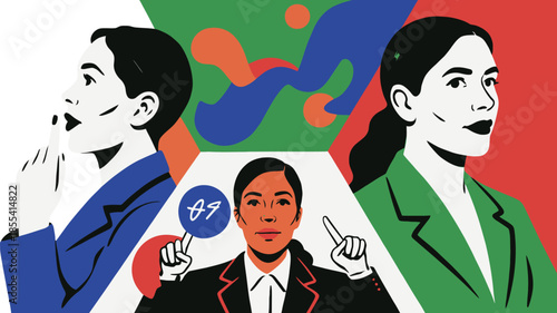 Diverse women communicate ideas, hold up signs, and maintain silence amidst vibrant abstract backgrounds