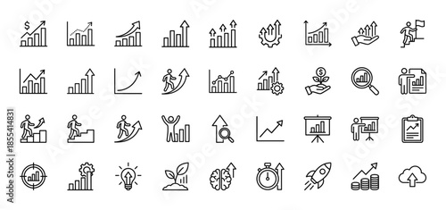 Business growth and success line icon set. Vector pictograms of bar charts, arrows, stairs, career progress, gears, plants, lightbulb, and rocket, thin outline illustration.