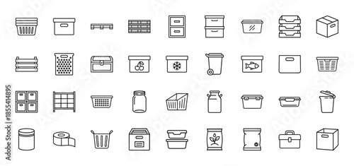 Storage and logistics line icon set. Vector pictograms of crate, basket, jar, box, pallet, container, chest, and trash can, thin outline illustration.