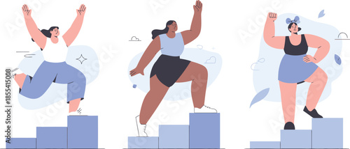 Energetic women celebrating success and advancement on upward steps with joyful expressions