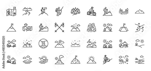 Mountain and outdoor adventure line icon set. Vector pictograms of hiking, climbing, camping, biking, peaks, waterfalls, maps, and forests, thin outline illustration.