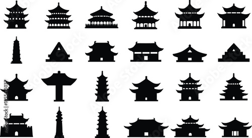 East Asian architecture silhouettes, pagodas, temples, gates, towers, traditional design, cultural icons, black grid, roof styles, vector illustration