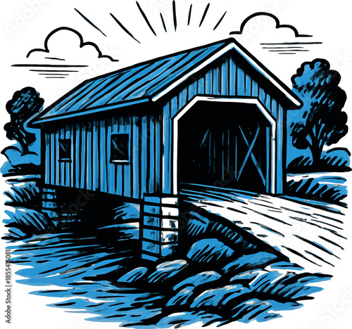 Covered Bridge River Woodcut Vector Illustration