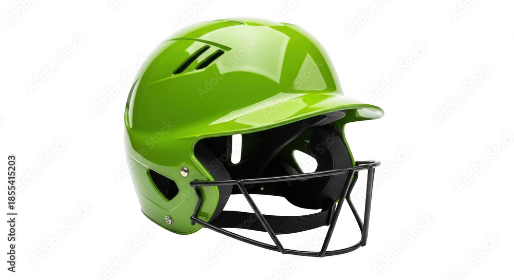Fototapeta premium Bright green baseball helmet with face guard isolated on transparent background