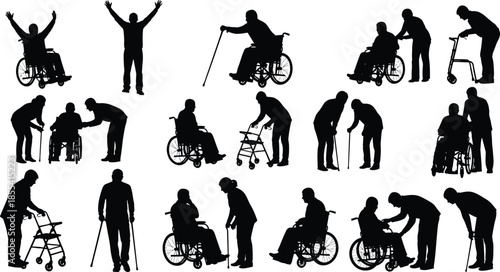 Collection of black silhouettes featuring disabled people and seniors using wheelchairs, walkers, and canes with caregivers for healthcare and accessibility concepts,