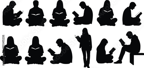 Collection of black silhouettes featuring men and women reading books in various sitting and standing poses for education and literacy concepts,