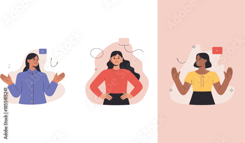 Three distinct illustrations of women expressing various emotions and actions with minimalist graphical elements