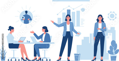 Three professional businesswomen working and presenting with charts in a modern city office setting