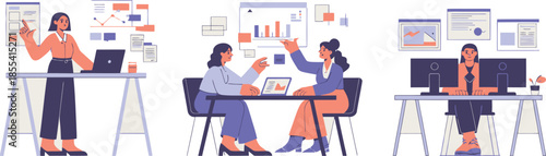 Three professional women engaging with business data and technology in a corporate office environment