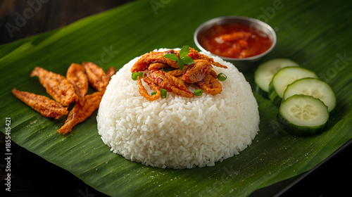 south indian food: rice, dry fish, and curry on a banana leaf