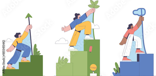 Women ascending vibrant steps, holding symbols of growth, innovation, and key achievements