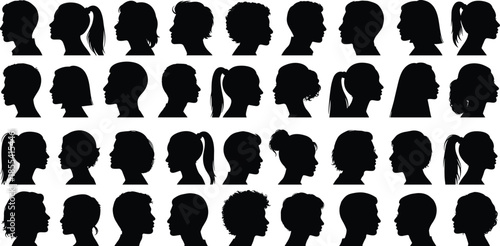 Collection of diverse black human head profile silhouettes featuring men and women with various hairstyles for identity, community, and social concepts,