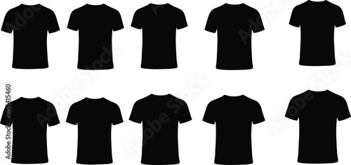 Collection of black t-shirt silhouettes in various sizes and shapes isolated on white background for apparel design, fashion, and mockup,