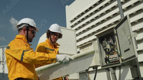 Professional electrical engineers inspecting control panel on rooftop. Technicians consulting blueprint plans to maintain sustainable power system for modern building infrastructure.