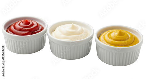 Three condiment bowls isolated on transparent background