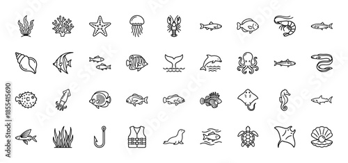 Marine life line icon set. Vector pictograms of shark, octopus, turtle, dolphin, jellyfish, fish, coral, crab, whale, and sea horse, thin outline illustration.