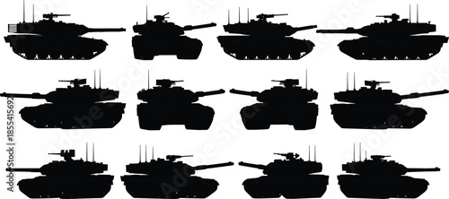Collection of military battle tank silhouettes showing various tactical angles, side views, and perspective views for war and defense concepts,