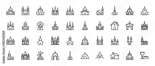 Christianity line icon set. Vector pictograms of chapel, cathedral, monastery, steeple, bell, mountain shrine, wedding, and holy communion, thin outline illustration.