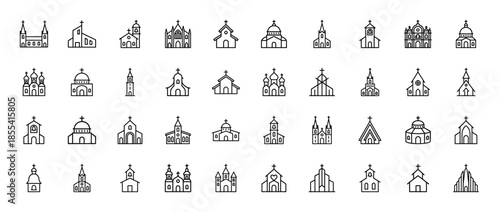 Religious architecture line icon set. Vector pictograms of cathedrals, chapels, belfries, domes, spires, steeples, and facades, thin black outline illustration.