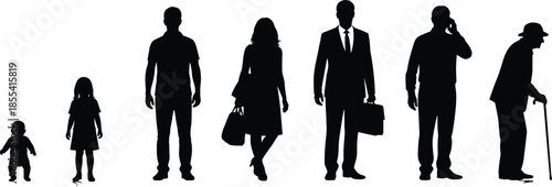 Collection of professional business people silhouettes and human life cycle figures from infancy to old age for social and professional concepts,