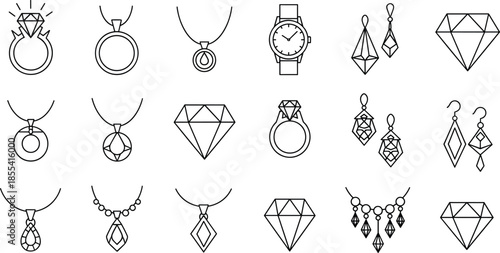 Collection of thin line jewelry icons featuring diamond rings, necklaces, earrings, luxury gemstones, and wristwatches for fashion and retail designs,