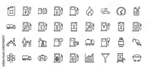 Energy and fuel industry line icon set. Vector pictograms of gas pump, oil barrel, electric charging, hydrogen tank, pipeline, derrick, and coal, thin outline illustration.