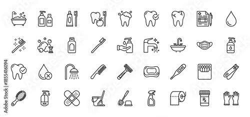 Hygiene and personal care line icon set. Vector pictograms of toothbrush, soap, bathtub, razor, toothpaste, dental health, and bathroom supplies, thin outline illustration.