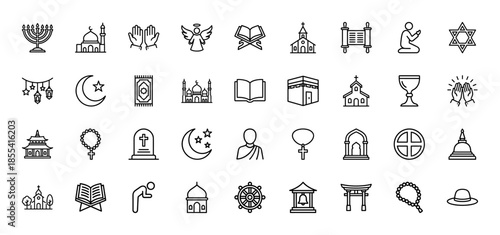 Religion line icon set. Vector pictograms of mosque, church, temple, torah, prayer, menora, rosary, angel, monk, bell and ritual objects, thin outline illustration.