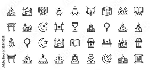 Religion line icon set featuring vector pictograms of church, mosque, temple, torah, quran, kaaba, prayer, rosary, and spiritual symbols in thin outline style.
