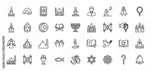 Religion and spirituality line icon set. Vector pictograms of church, mosque, bible, quran, menorah, rosary, buddha, angel, prayer, and star, thin outline illustration.