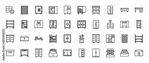 Furniture and storage line icon set. Vector pictograms of cabinet, drawer, wardrobe, shelf, locker, safe, desk, and file folder, thin outline illustration.
