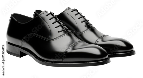Polished black leather oxford shoes isolated on transparent background