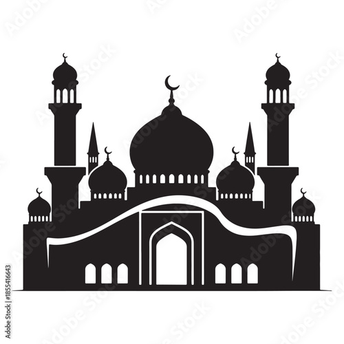 Black Silhouette of a Grand Mosque with Minarets and Dome - Islamic Architecture