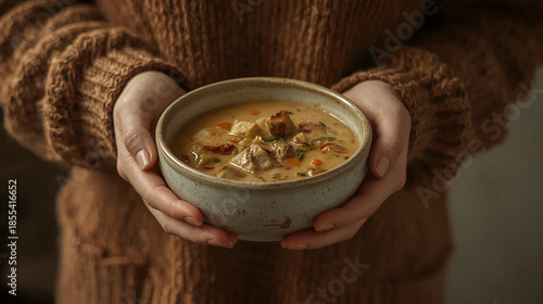 a women hoalding a soup bowl