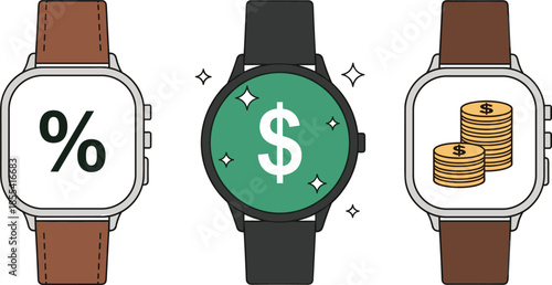 Vector illustration of three smartwatches displaying financial icons like percentage, dollar sign, and stacks of coins for fintech and banking,