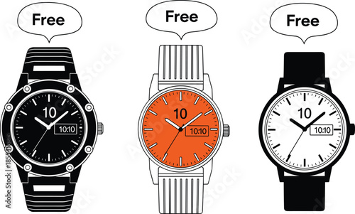 Vector illustration of three wristwatches featuring black, orange, and white analog faces with time date display and free speech bubbles,