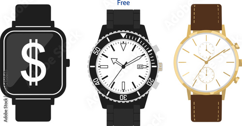 Vector illustration of various wristwatches featuring modern smartwatch with dollar sign, classic analog diving watch, and elegant gold chronograph watch,