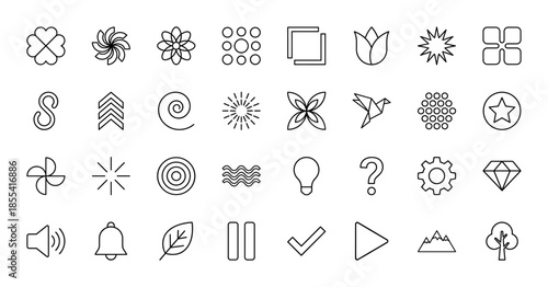 Universal abstract line icon set. Vector pictograms of flowers, leaves, mountains, trees, sound, checkmark, play, pause, diamond, gear, and lightbulb in outline style.