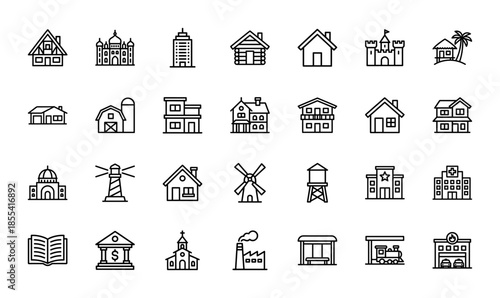 Architecture and real estate line icon set. Vector pictograms of house, cottage, skyscraper, castle, barn, lighthouse, hospital, bank, and factory, outline illustration.