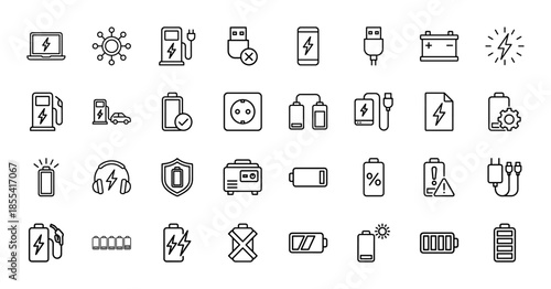 Energy and power line icon set. Vector pictograms of battery, charger, solar panel, electric vehicle station, plug, and generator, thin outline illustration.